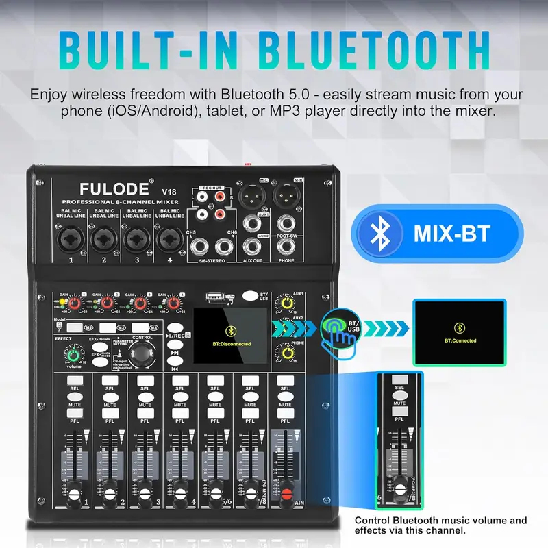 Audio Mixer 4 Channel - Fuluode 4/8-Kanal-Mischpult, Audio-Mixer, Bluetooth, USB-Wiedergabe, optischer