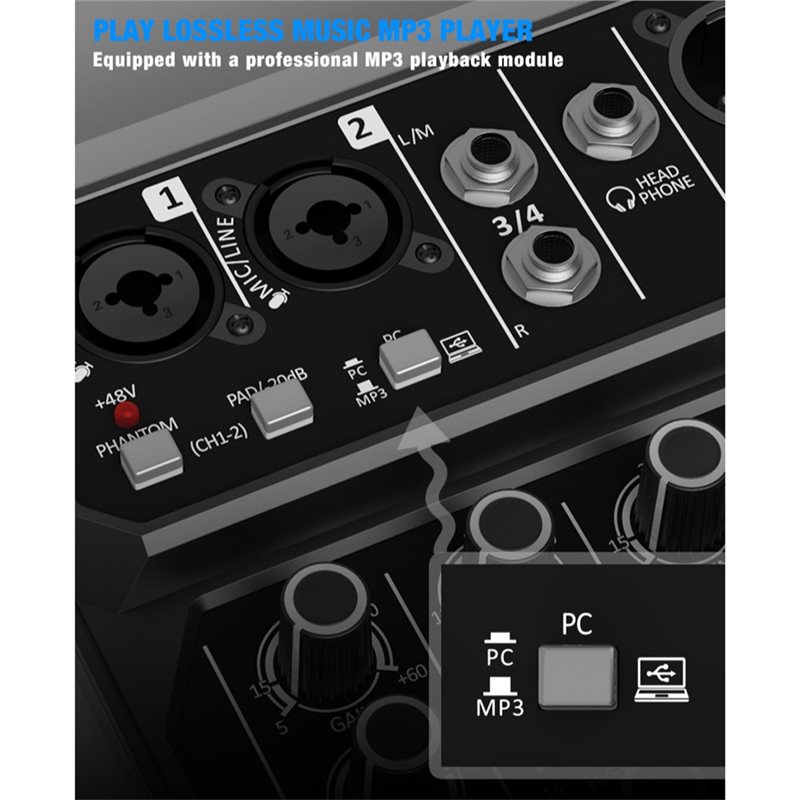Audio Mixer 4 Channel - M52K-Bluetooth DJ-Konsole 4-Kanal-Audiomixer USB Studio-Soundmixer 48V